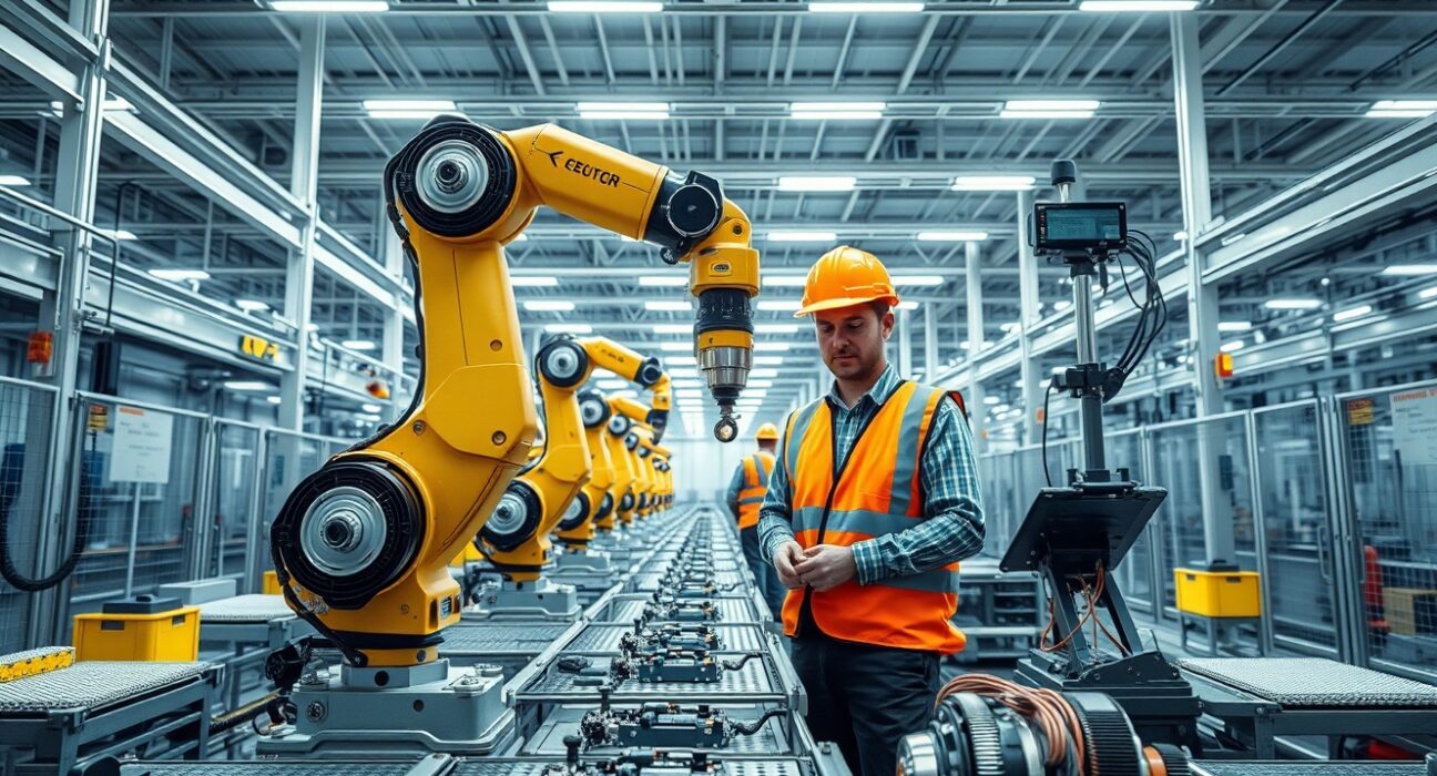 Factory floor with robotic arms and workers in safety vests