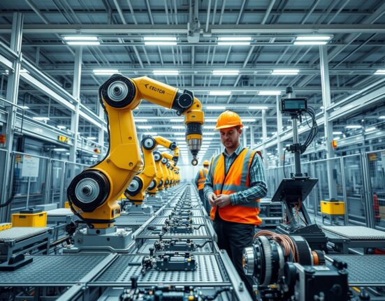 Factory floor with robotic arms and workers in safety vests