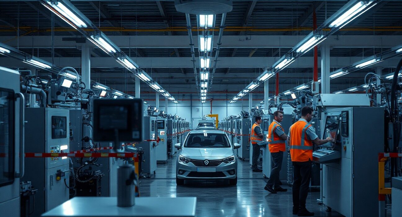Inside a European factory with machinery and workers, reflecting modest industrial output growth