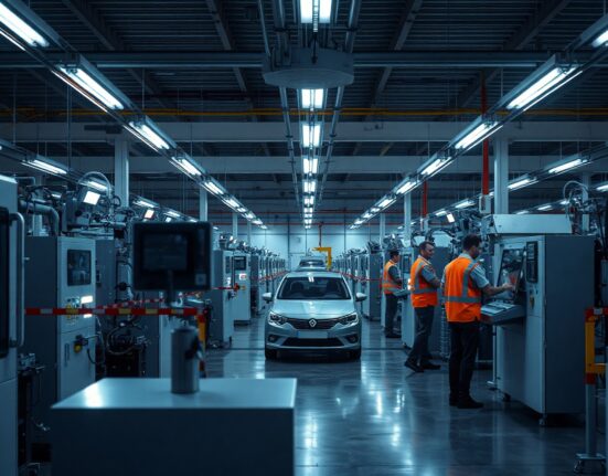 Inside a European factory with machinery and workers, reflecting modest industrial output growth