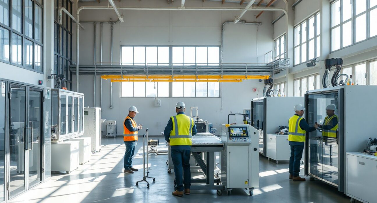 Eurozone factory production line with automated machinery and workers in safety vests
