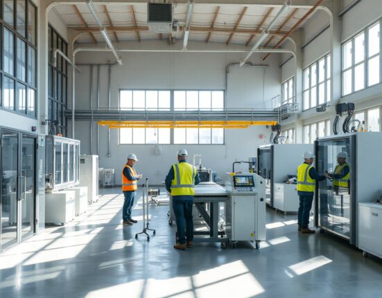 Eurozone factory production line with automated machinery and workers in safety vests