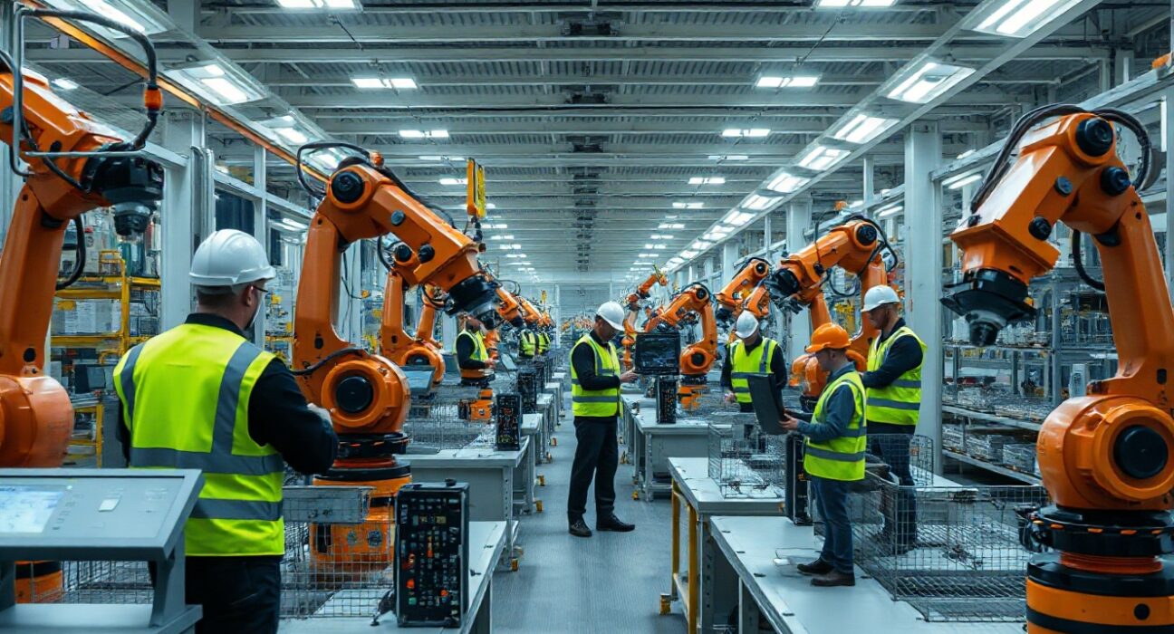 Automated machinery operating inside a modern European factory, representing Eurozone industrial output.