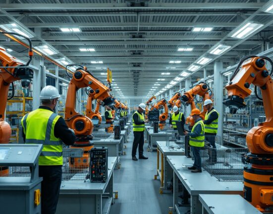 Automated machinery operating inside a modern European factory, representing Eurozone industrial output.