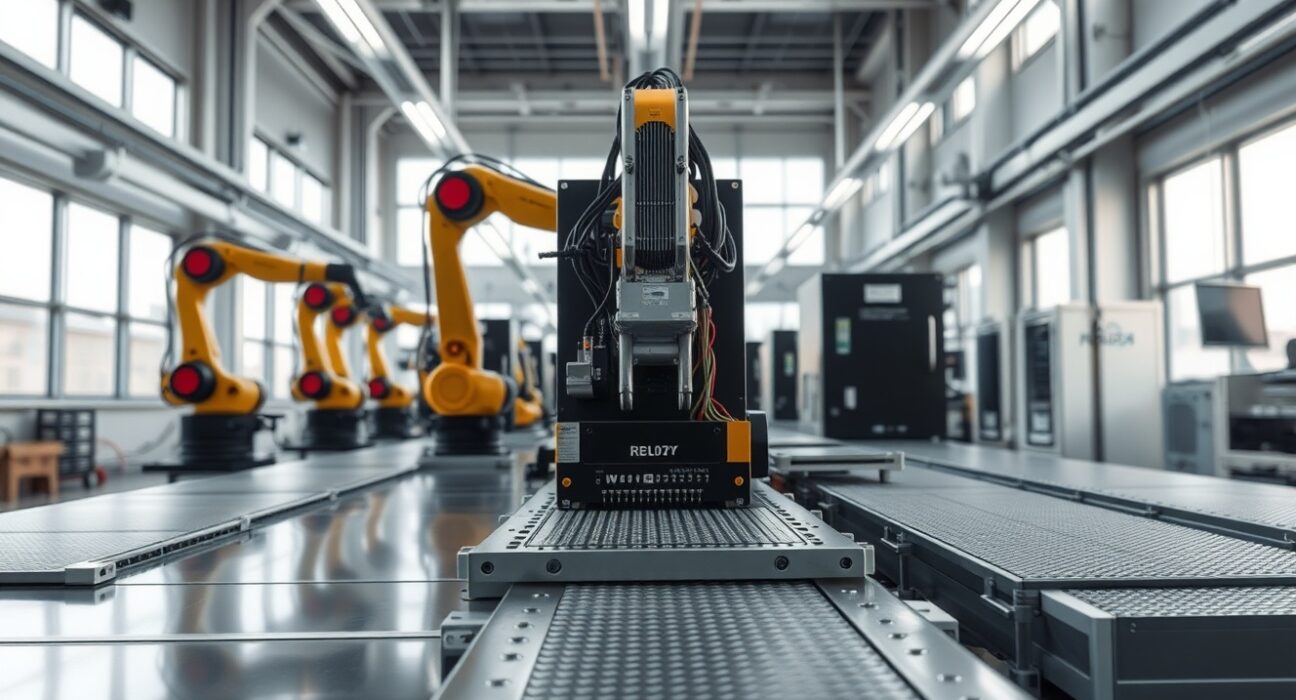 Automated robotic arms working on an electronics assembly line in a modern European factory.