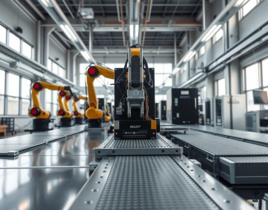 Automated robotic arms working on an electronics assembly line in a modern European factory.