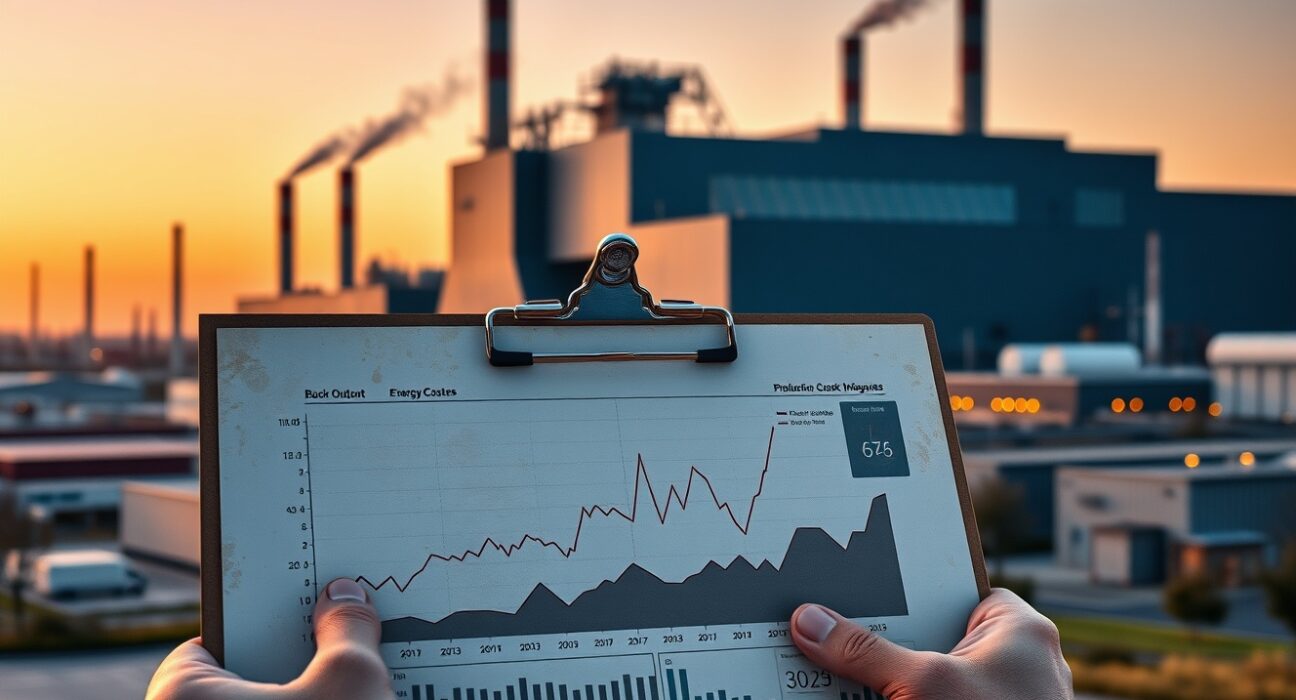 Economic analysis of Eurozone industrial risks showing manufacturing data and factory backdrop