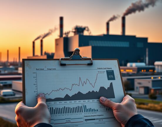 Economic analysis of Eurozone industrial risks showing manufacturing data and factory backdrop