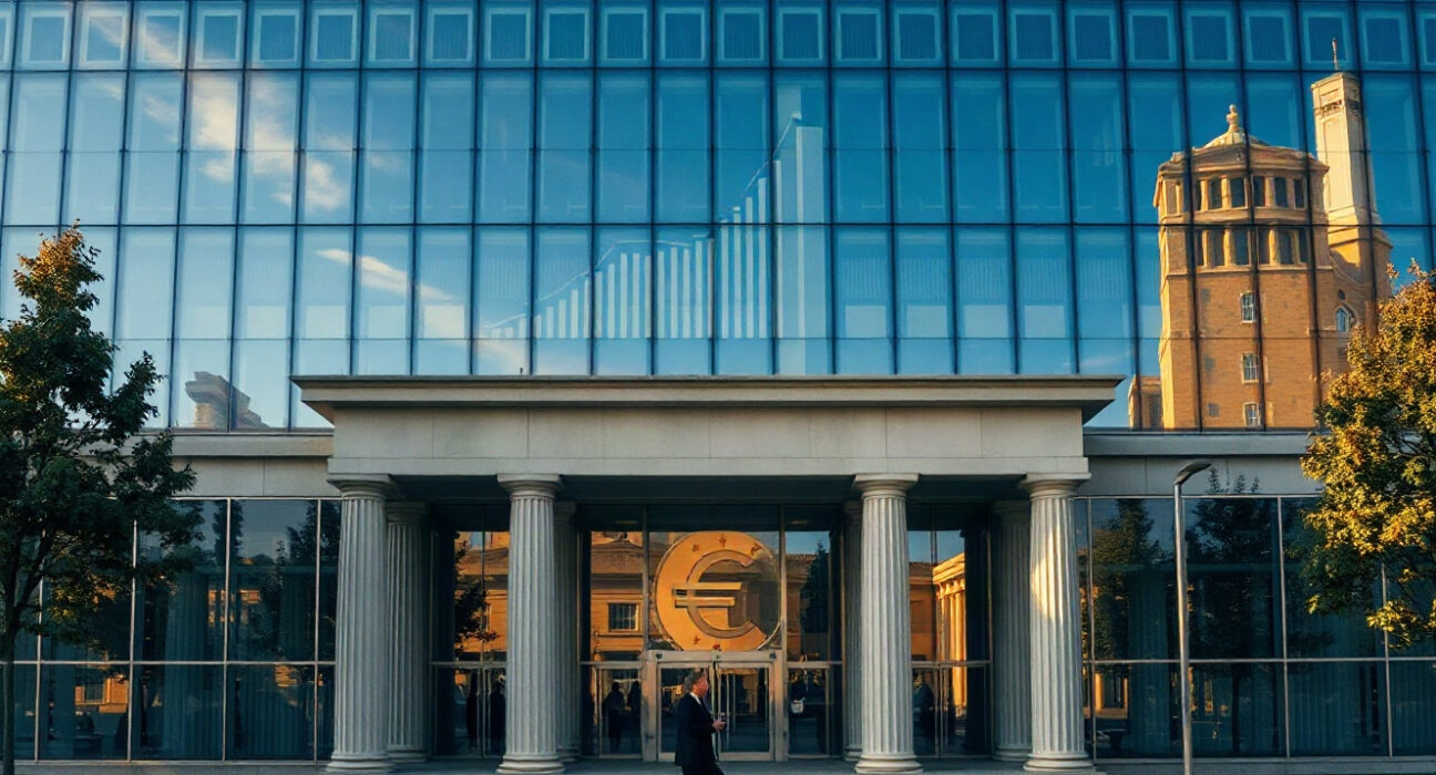European Central Bank headquarters in Frankfurt, with inflation chart reflection