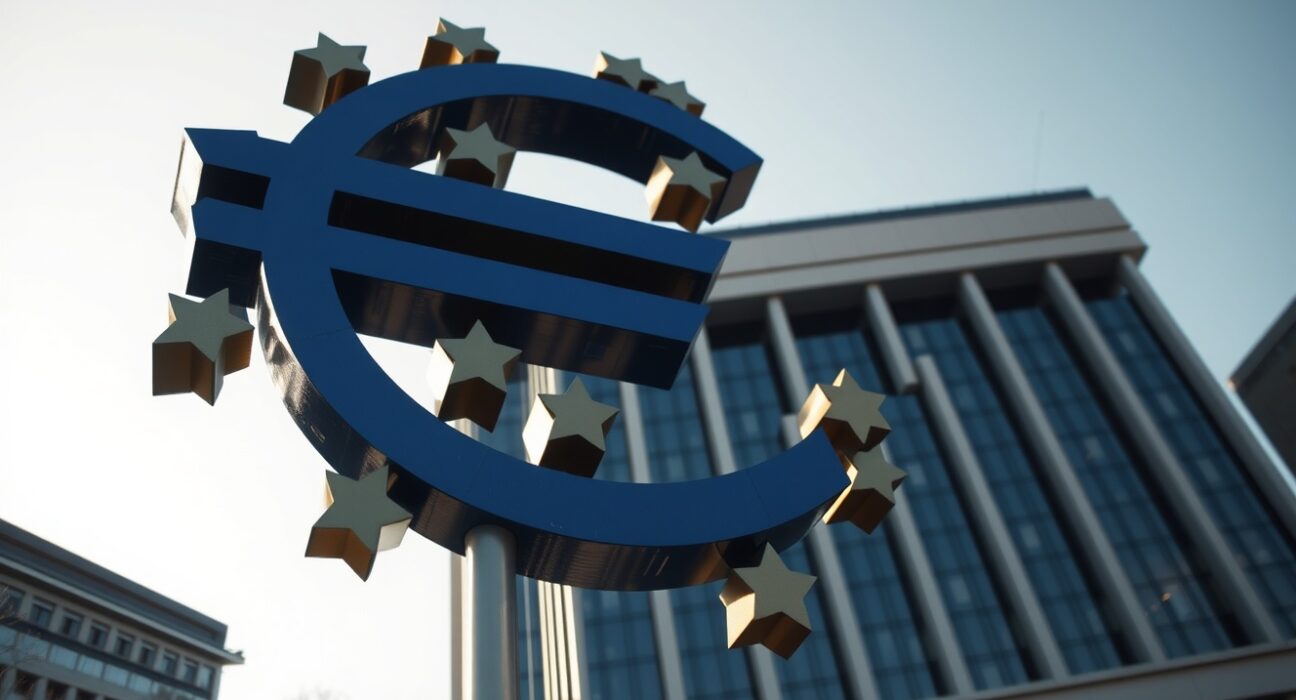 European Central Bank headquarters in Frankfurt with euro sculpture, representing Eurozone monetary policy.