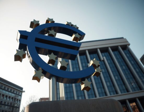 European Central Bank headquarters in Frankfurt with euro sculpture, representing Eurozone monetary policy.