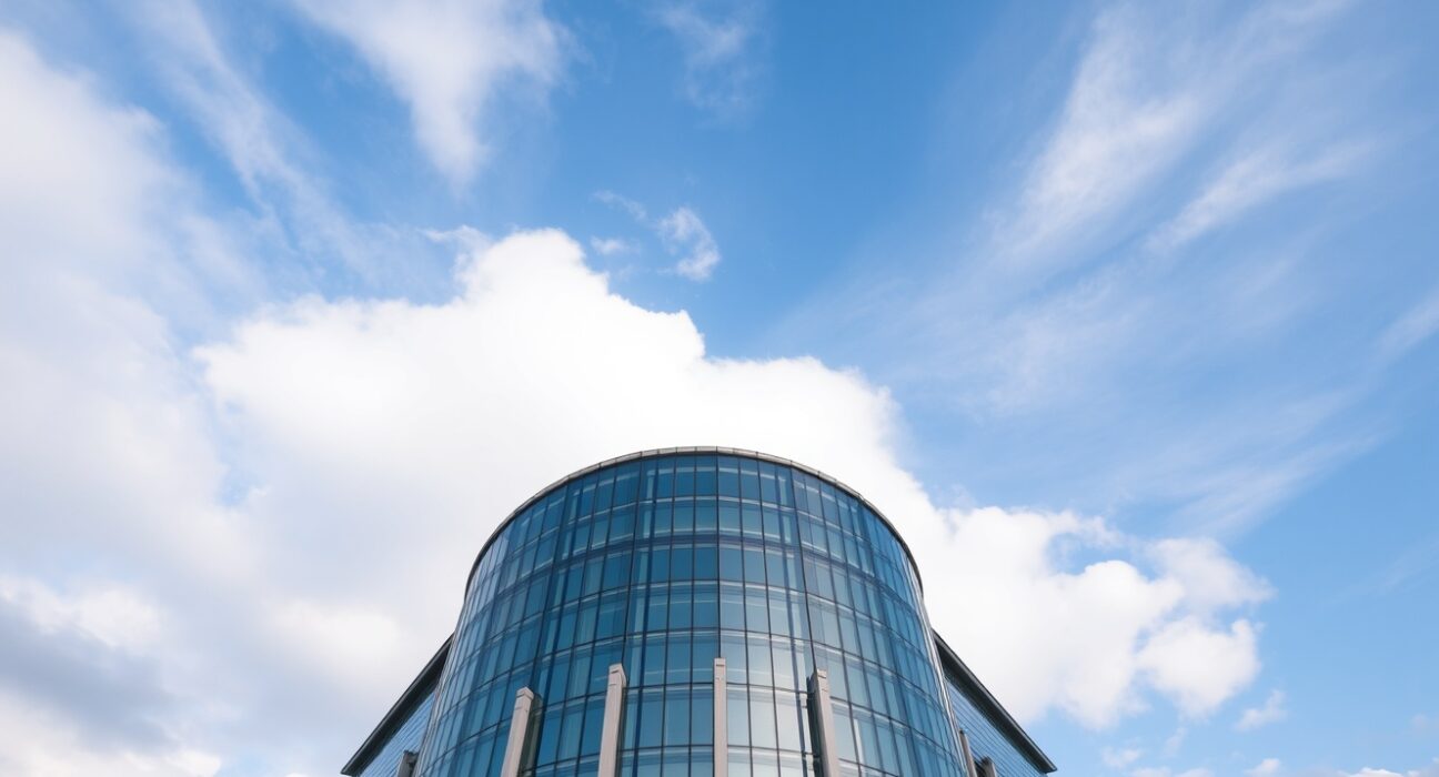 European Central Bank headquarters in Frankfurt on a cloudy day