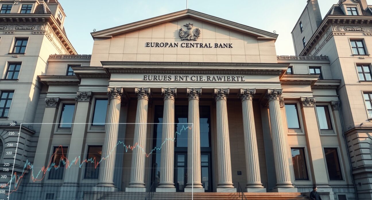 European Central Bank building with inflation data overlay showing rising Eurozone price pressures amid war shock