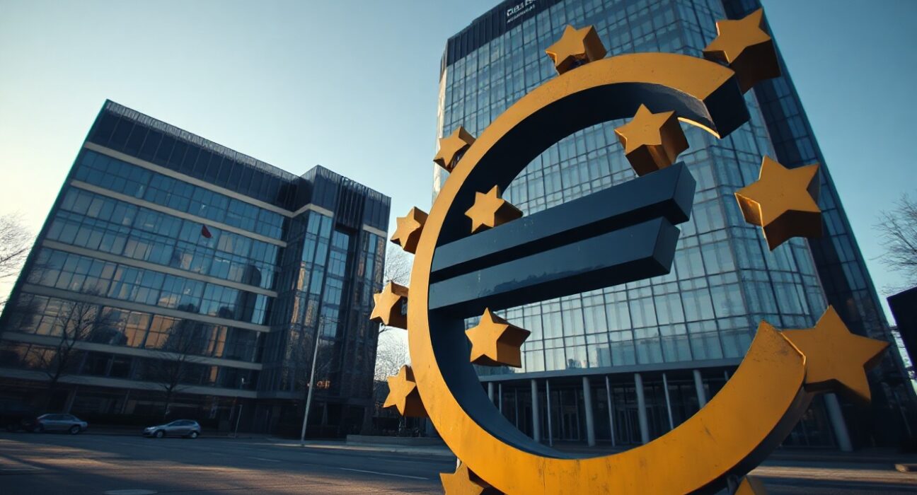 European Central Bank headquarters in Frankfurt with euro sculpture