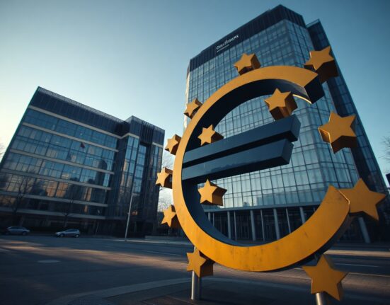 European Central Bank headquarters in Frankfurt with euro sculpture