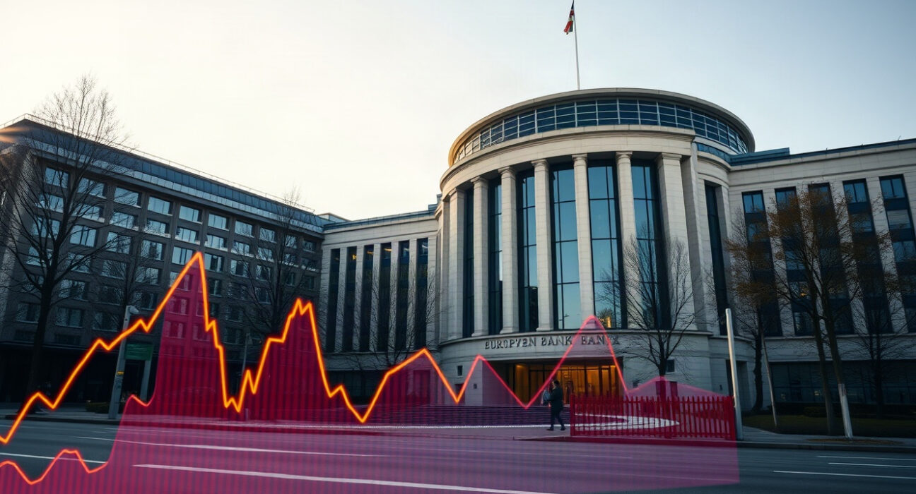 European Central Bank headquarters in Frankfurt, with inflation charts overlay