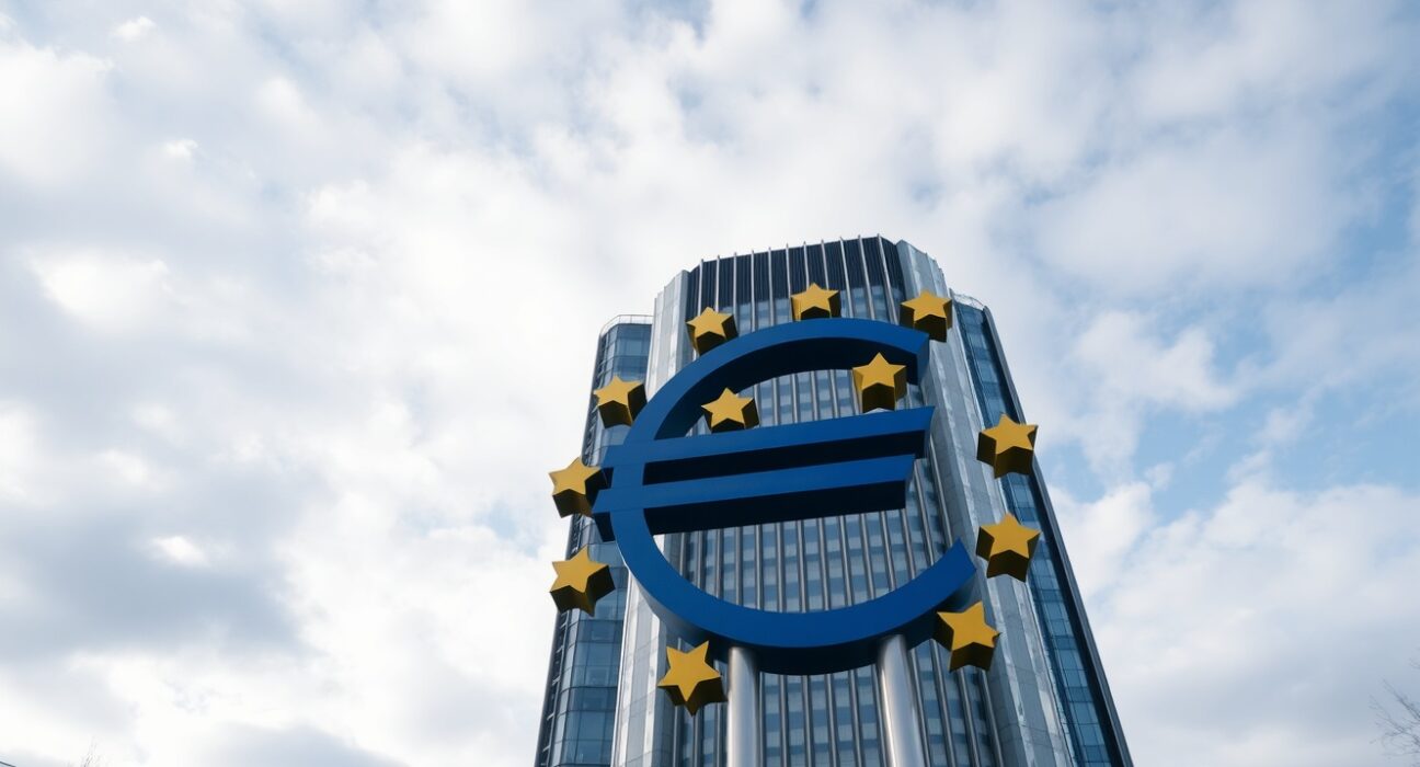 European Central Bank headquarters in Frankfurt with euro sculpture under cloudy sky