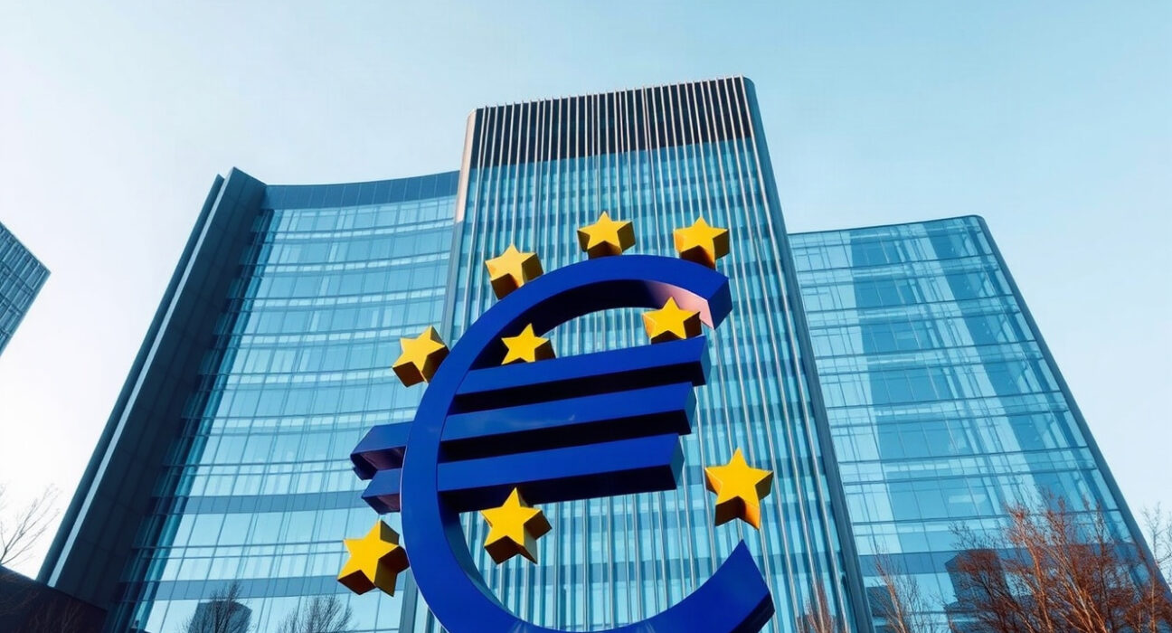 European Central Bank headquarters in Frankfurt with Euro sculpture