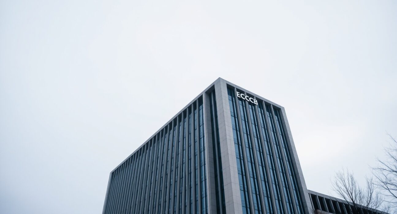European Central Bank headquarters in Frankfurt, Germany, on a cloudy day.