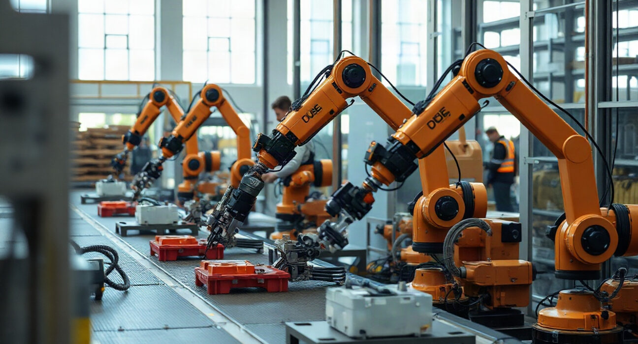 Eurozone factory floor with automated machinery and workers in safety vests