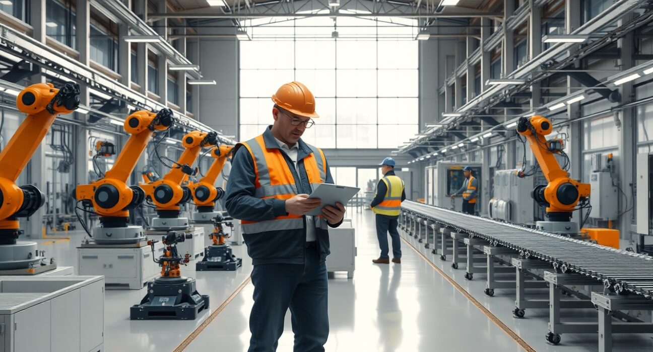 Workers and robotic arms on a modern European factory floor during a manufacturing shift.