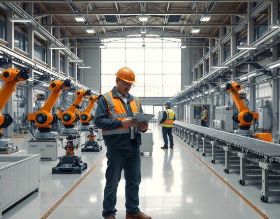 Workers and robotic arms on a modern European factory floor during a manufacturing shift.