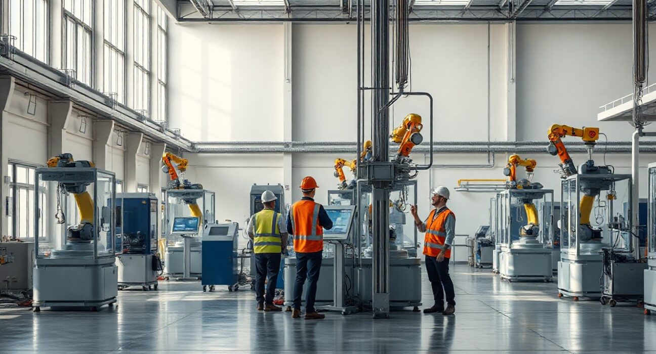 Interior of a modern European factory with automated machinery and workers in safety gear.
