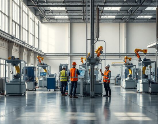 Interior of a modern European factory with automated machinery and workers in safety gear.