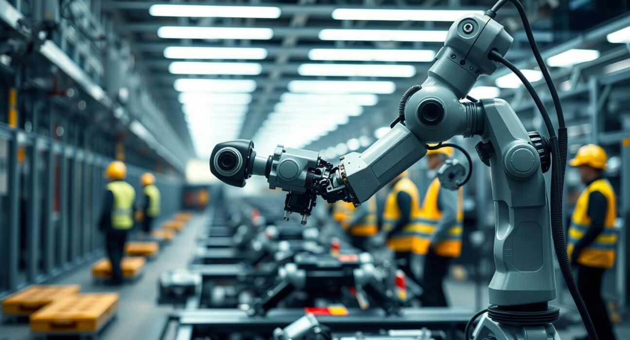 Robotic arm on a modern Eurozone factory assembly line with workers in background