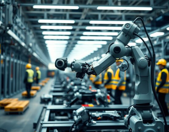Robotic arm on a modern Eurozone factory assembly line with workers in background