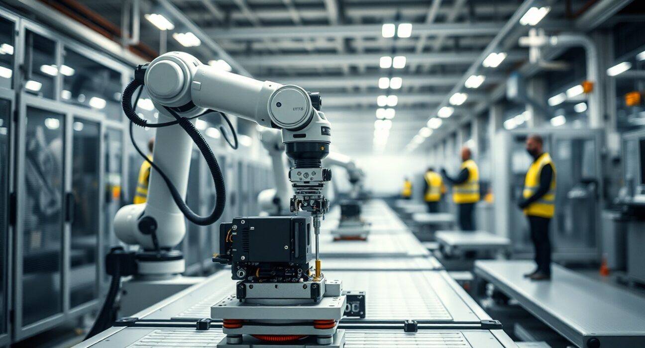 Automated robotic arms on a modern European factory production line