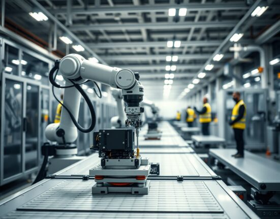Automated robotic arms on a modern European factory production line