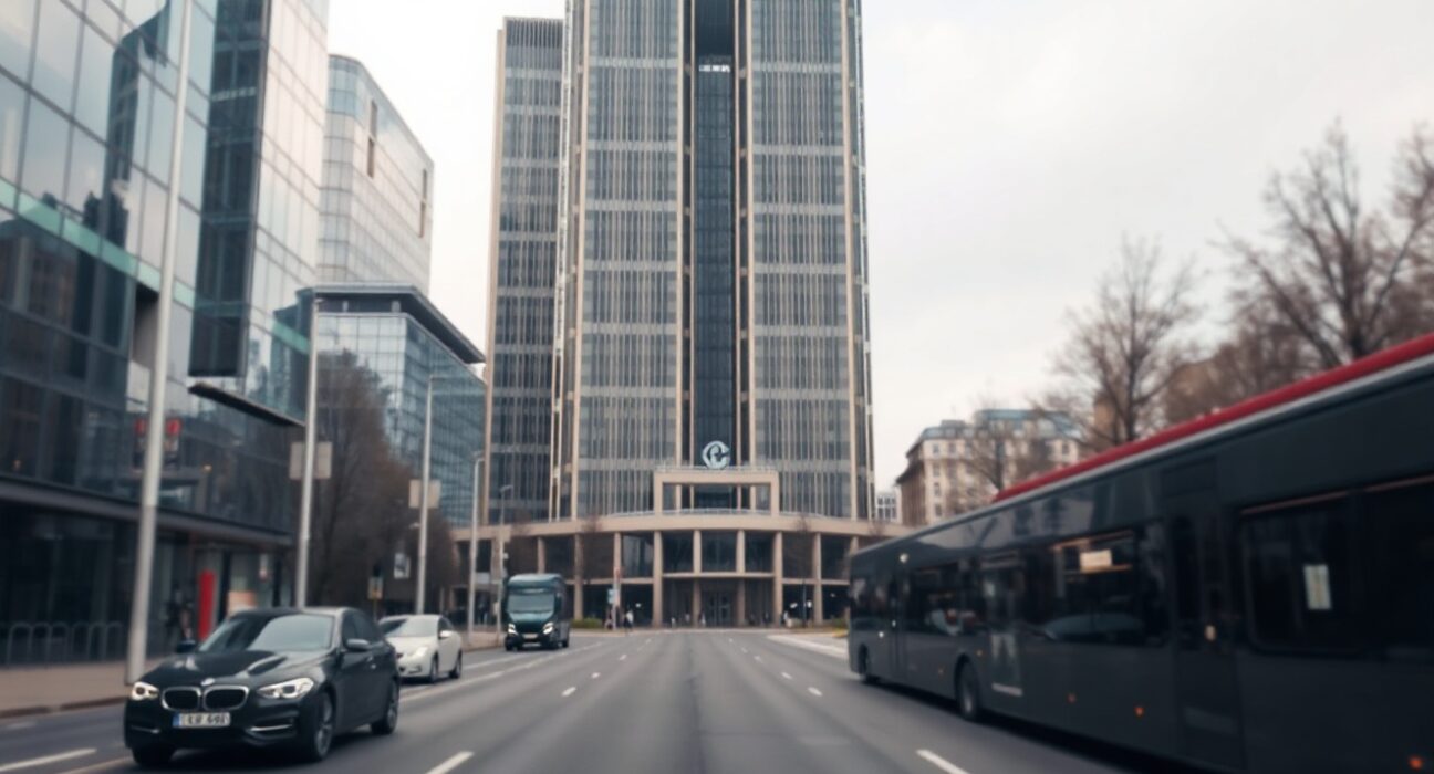 European Central Bank headquarters in Frankfurt, Germany, on a cloudy day.