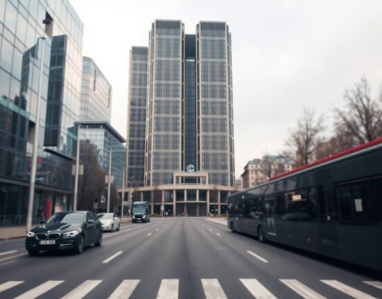 European Central Bank headquarters in Frankfurt, Germany, on a cloudy day.