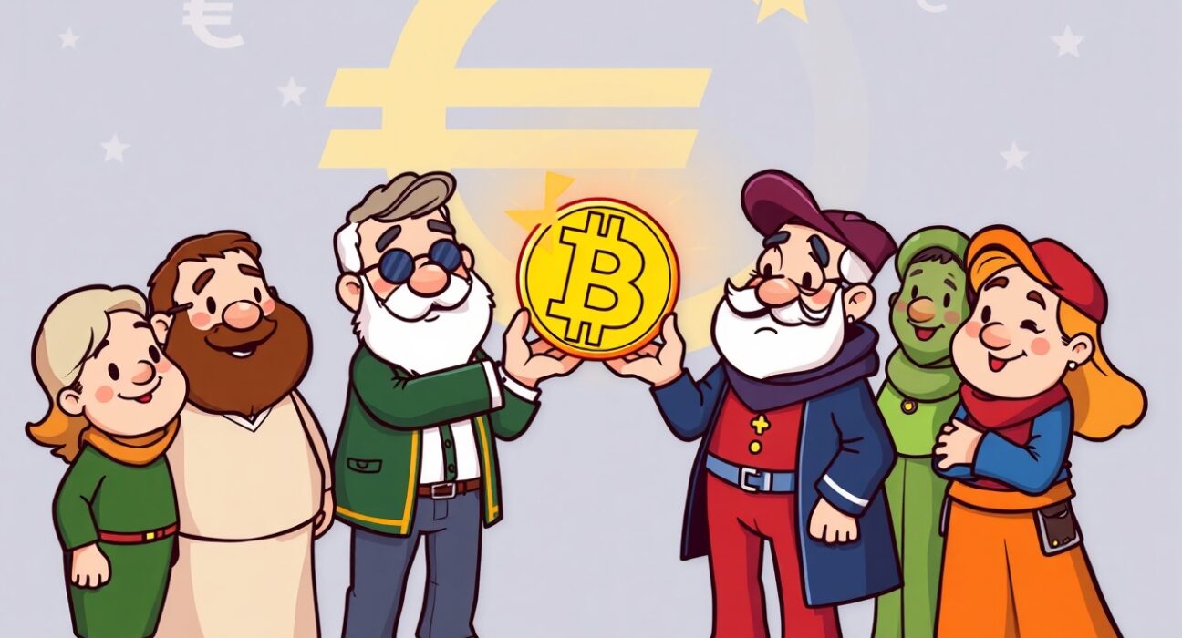 Cartoon illustration of Eurozone nations buying Bitcoin, showing a collaborative transfer of cryptocurrency.