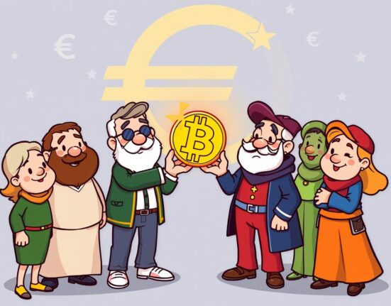 Cartoon illustration of Eurozone nations buying Bitcoin, showing a collaborative transfer of cryptocurrency.