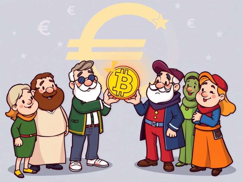 Cartoon illustration of Eurozone nations buying Bitcoin, showing a collaborative transfer of cryptocurrency.
