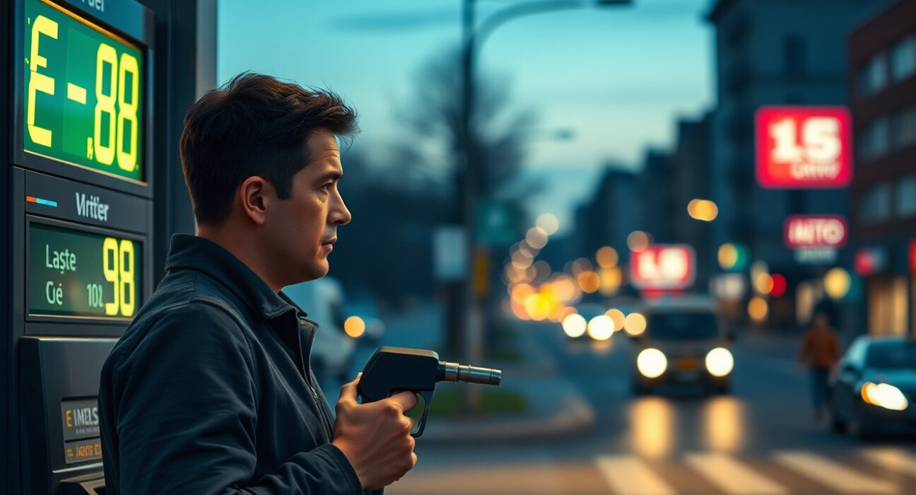 Eurozone consumer concerned by rising fuel prices at a gas station, illustrating the threat to household spending.