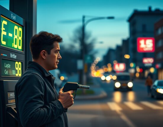 Eurozone consumer concerned by rising fuel prices at a gas station, illustrating the threat to household spending.