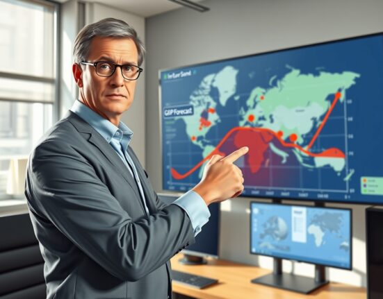 Economist analyzes Eurozone GDP forecast chart amid rising geopolitical conflict risks.