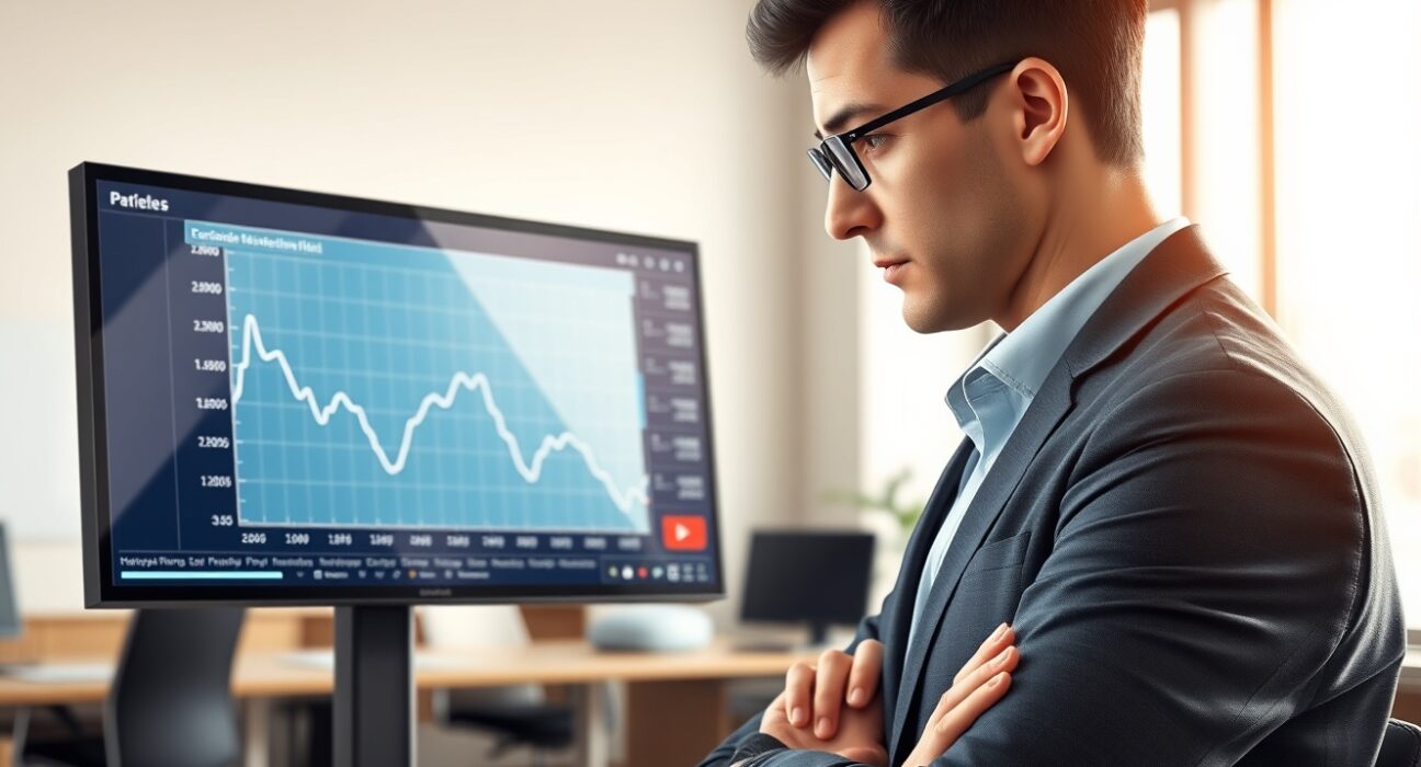 Analyst reviews declining Eurozone PMI economic data chart in a professional office setting.