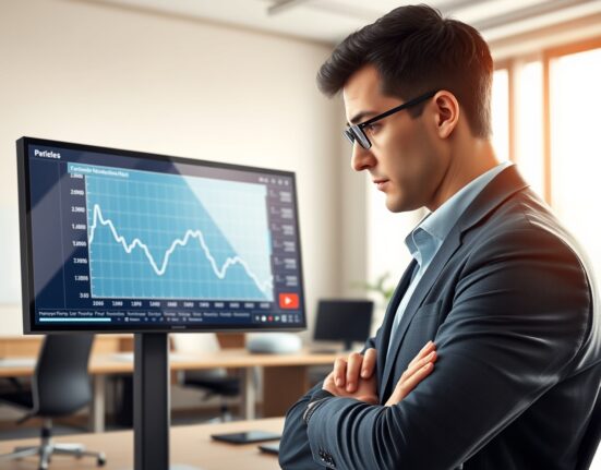 Analyst reviews declining Eurozone PMI economic data chart in a professional office setting.