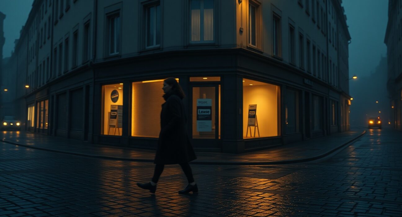 Dimly lit European city street at dusk with closed shops and a pedestrian, reflecting economic slowdown and stagflation concerns.