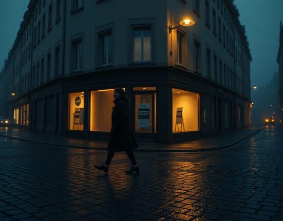 Dimly lit European city street at dusk with closed shops and a pedestrian, reflecting economic slowdown and stagflation concerns.