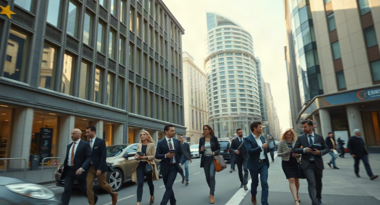 Professionals walking in a European financial district, representing steady Eurozone economic activity.
