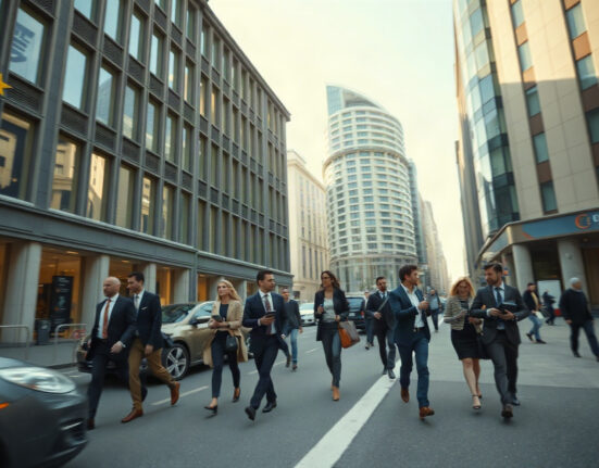 Professionals walking in a European financial district, representing steady Eurozone economic activity.