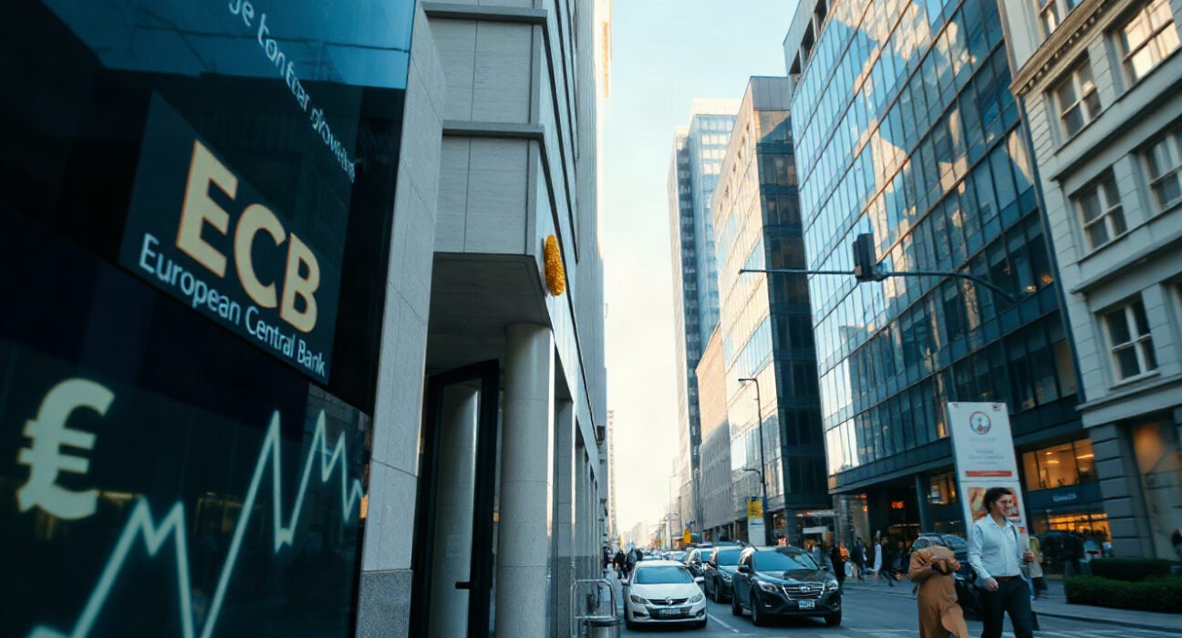 European Central Bank building in Frankfurt with upward economic indicators