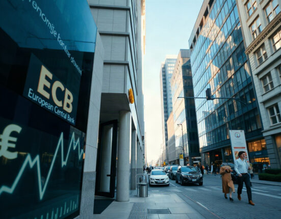 European Central Bank building in Frankfurt with upward economic indicators