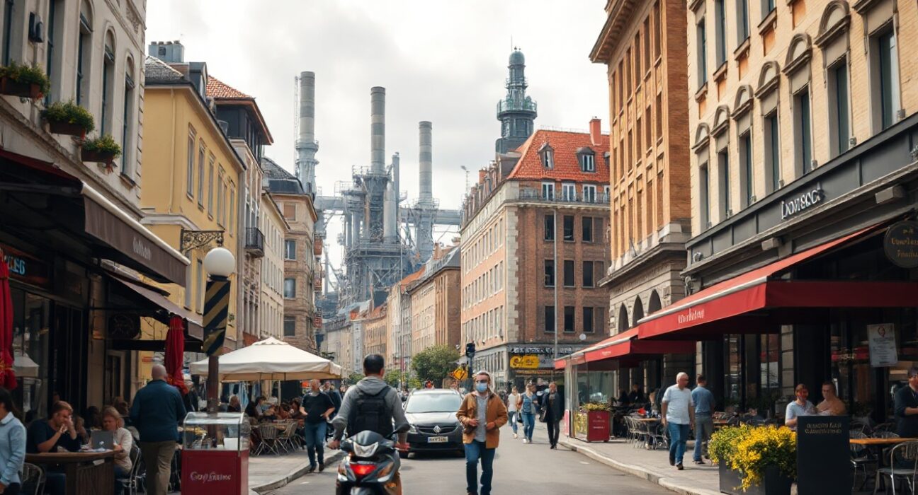 Busy Eurozone street scene contrasting vibrant services sector with distant manufacturing zone