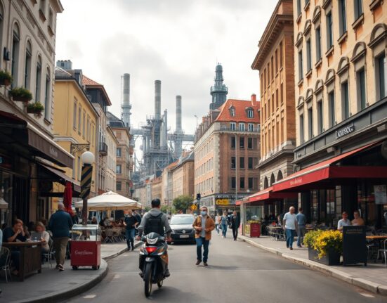 Busy Eurozone street scene contrasting vibrant services sector with distant manufacturing zone